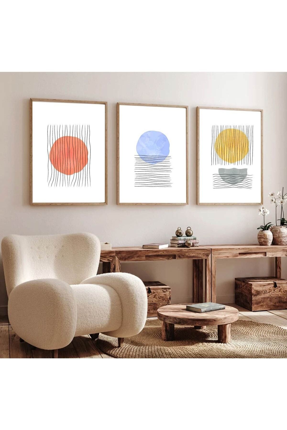 Ahşap Çerçeveli Minimalist 3lü Dekoratif Tablo Seti