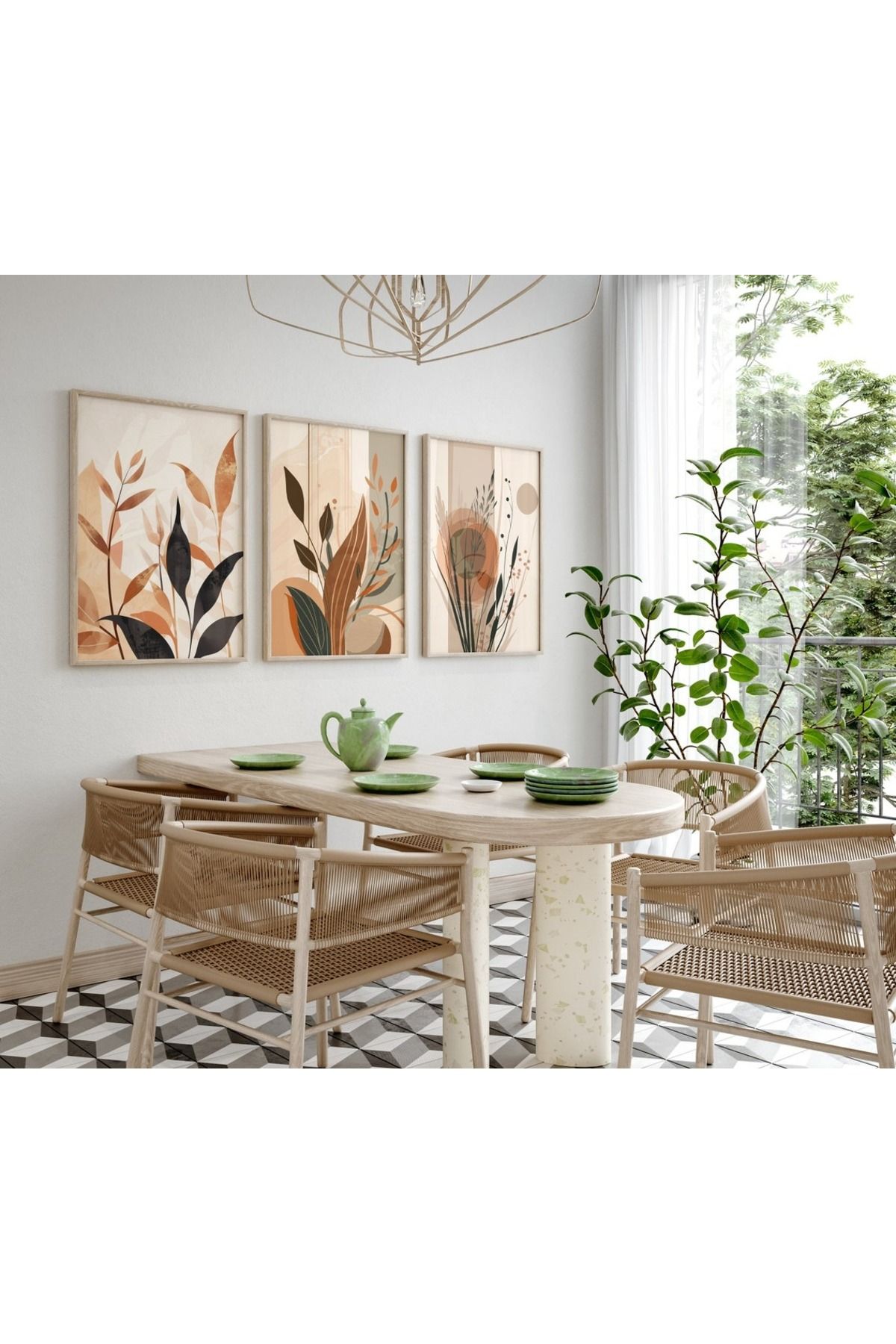 3 Parça Ahşap Çerçeveli Oturma Odası Salon Mutfak Tablo Seti Set3118