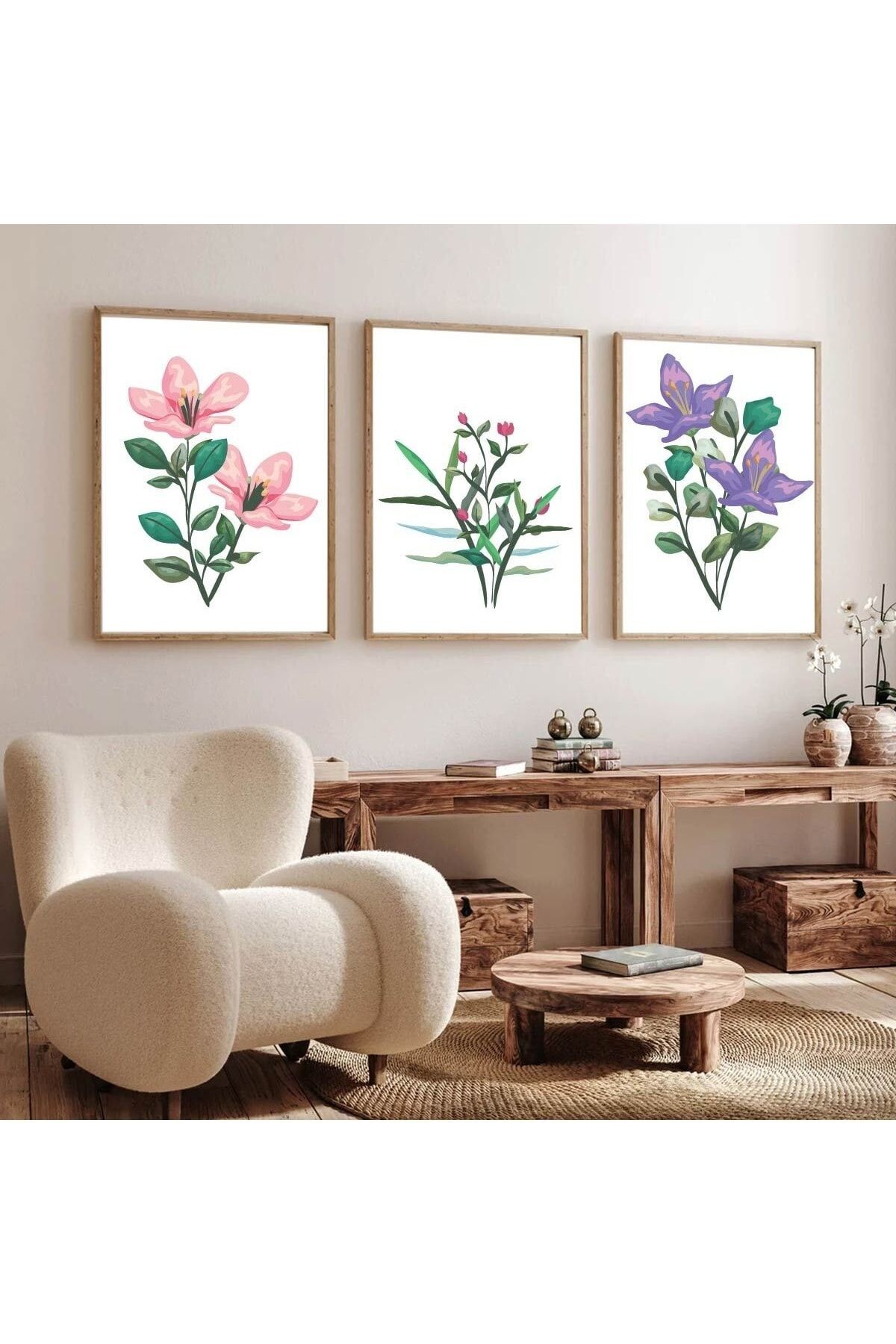 Ahşap Çerçeveli Minimalist 3lü Dekoratif Tablo Seti Renkli Çiçekler