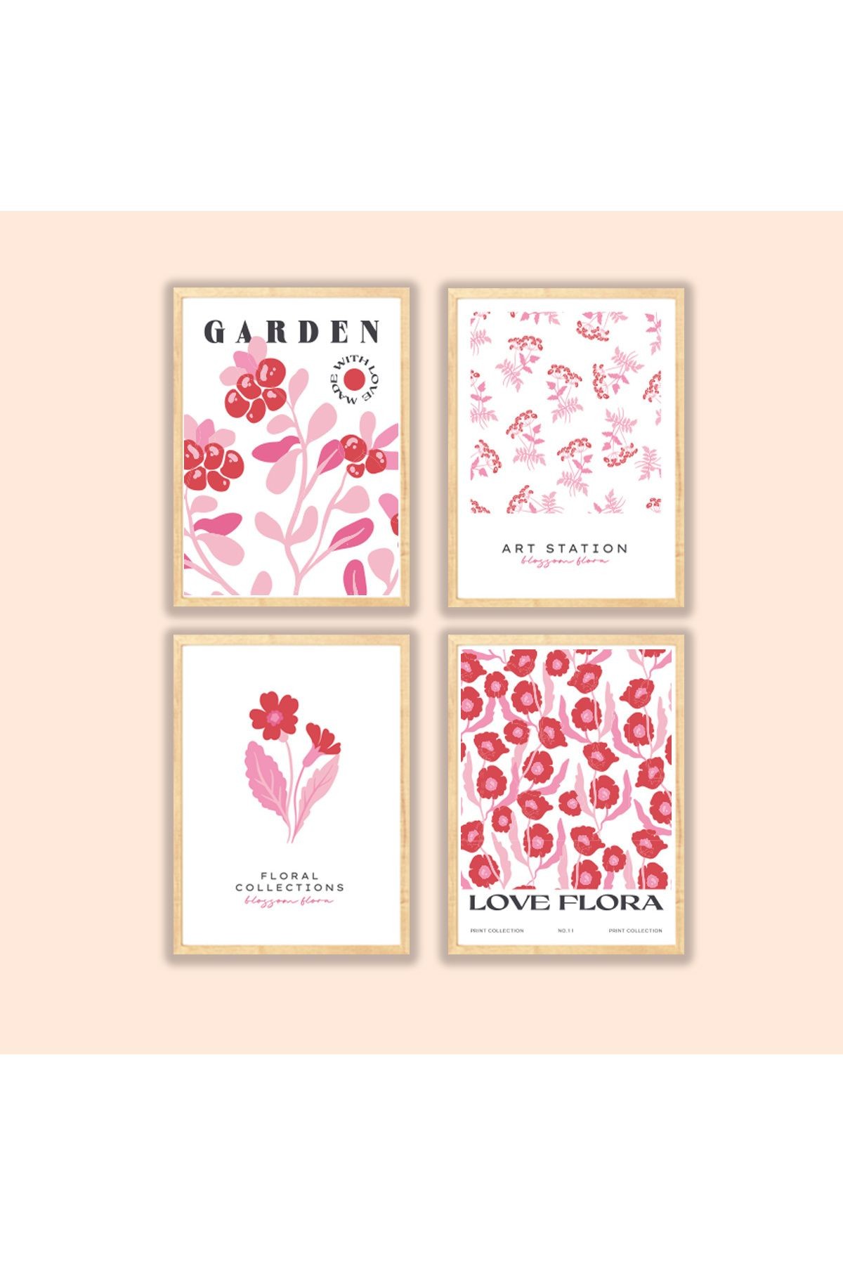 Ahşap Çerçeveli 4lü Tablo Seti Flower Garden