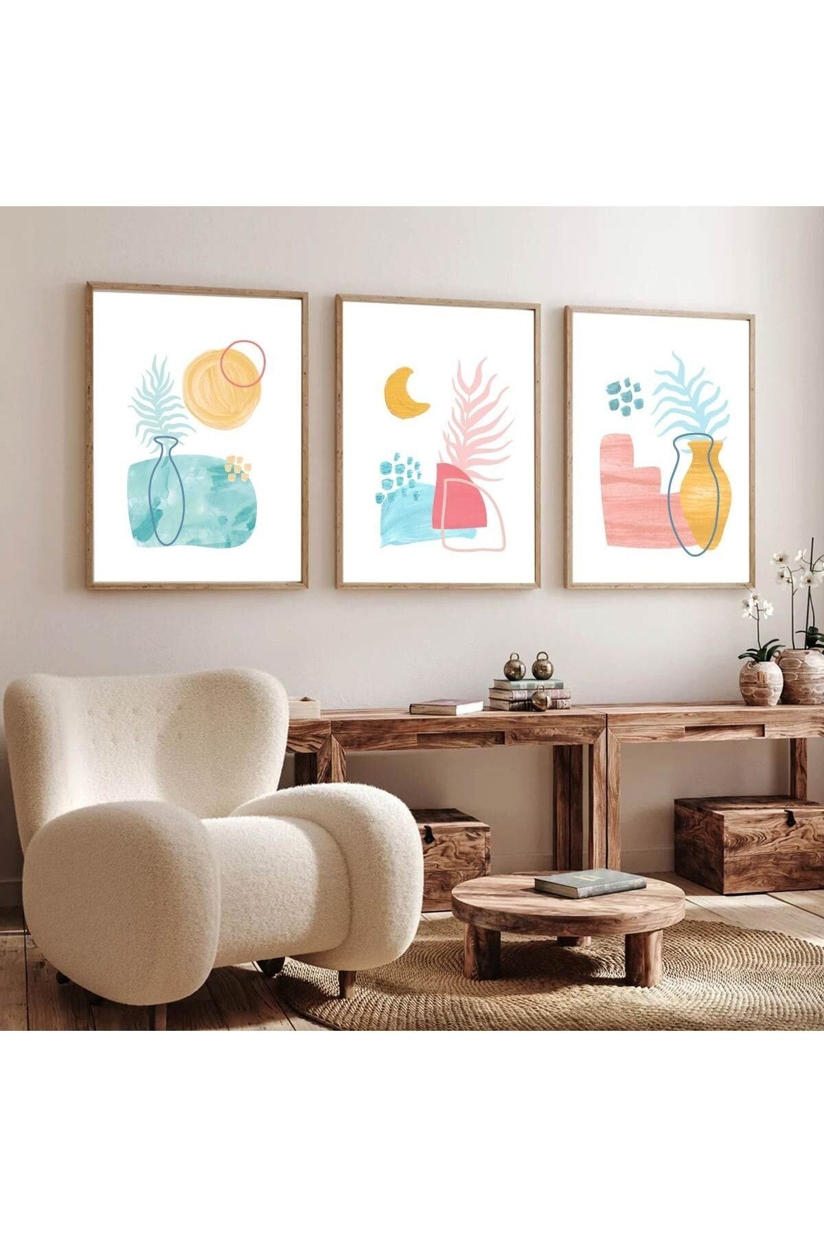 Ahşap Çerçeveli Minimalist 3lü Dekoratif Tablo Seti Modern Vazo Desen