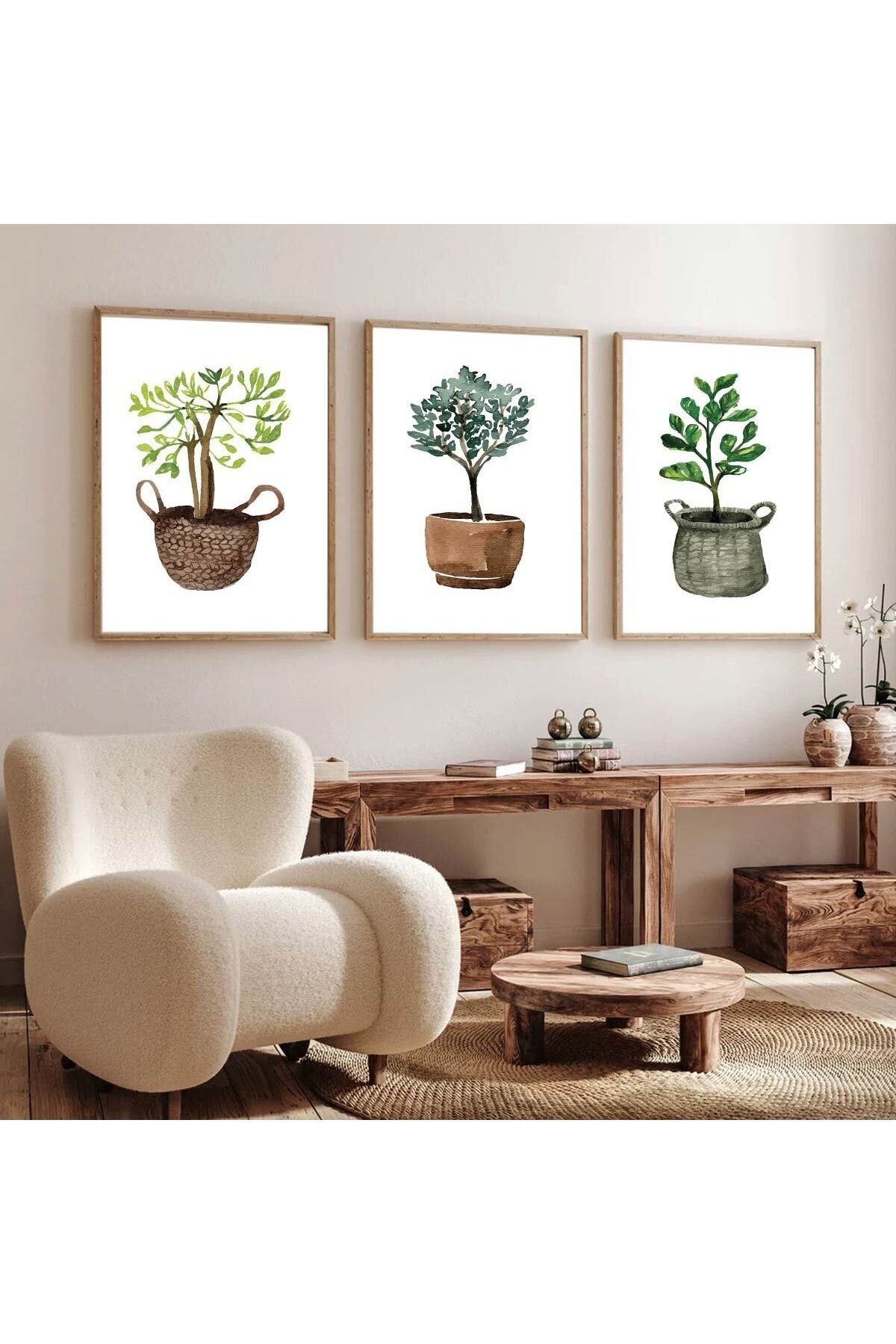 Ahşap Çerçeveli Minimalist 3lü Dekoratif Tablo Seti Saksıda Bitki