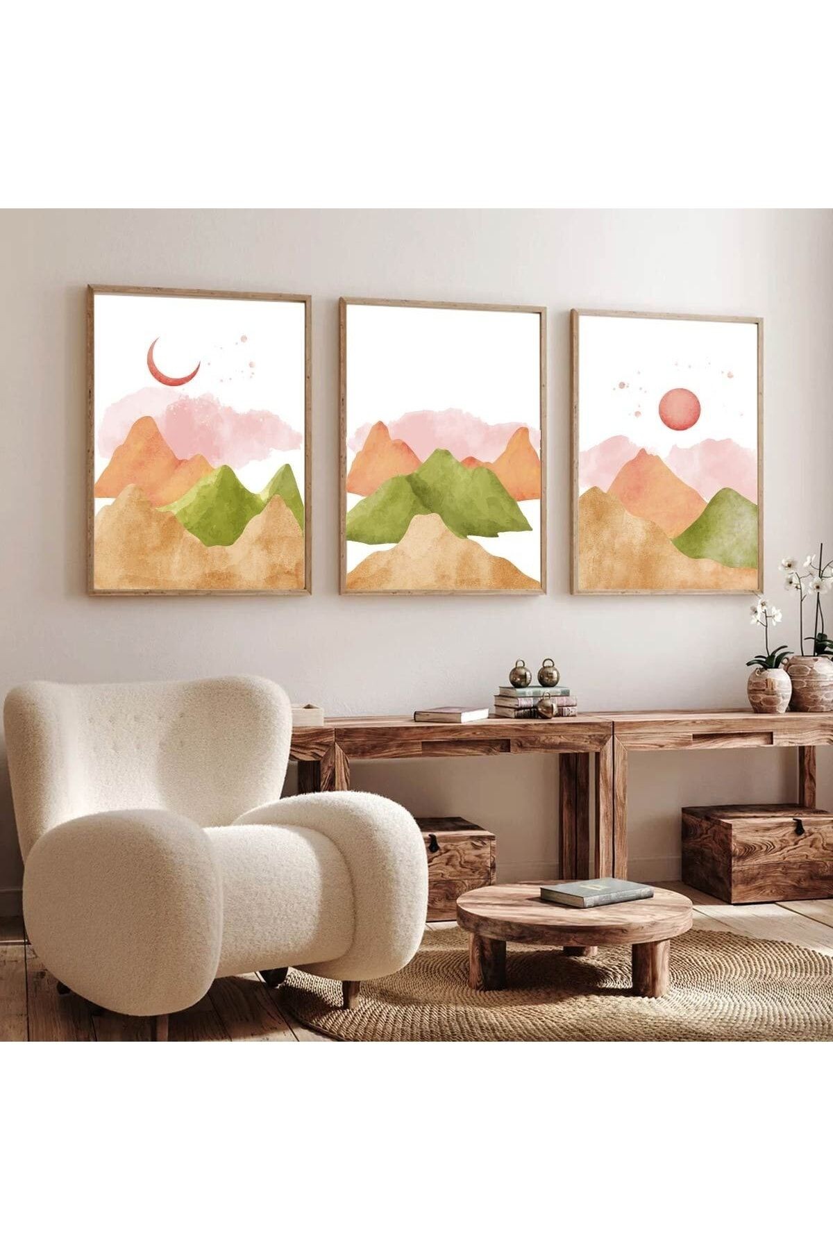 Ahşap Çerçeveli Minimalist 3lü Dekoratif Tablo Seti Renkli Dağ