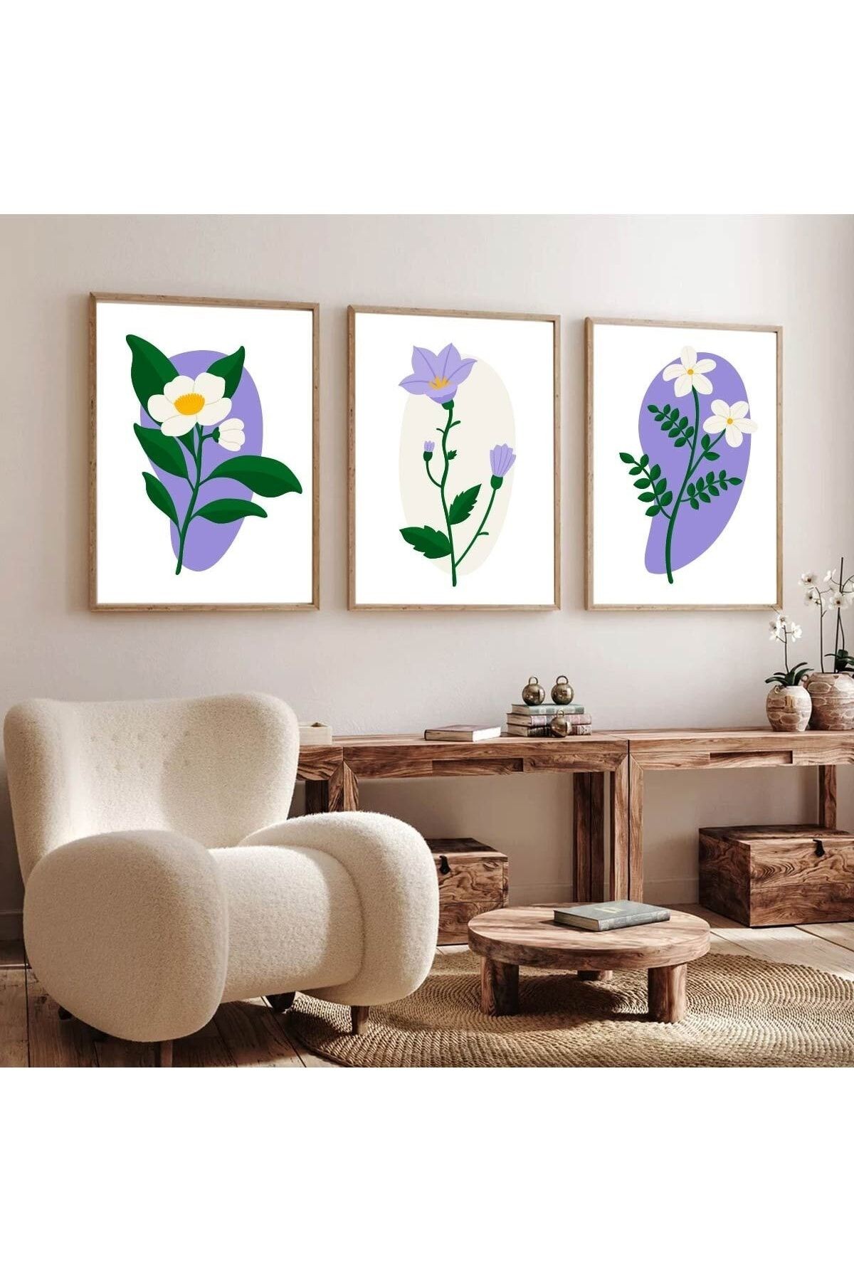 Ahşap Çerçeveli Minimalist Tablo Seti Mor Çiçekler