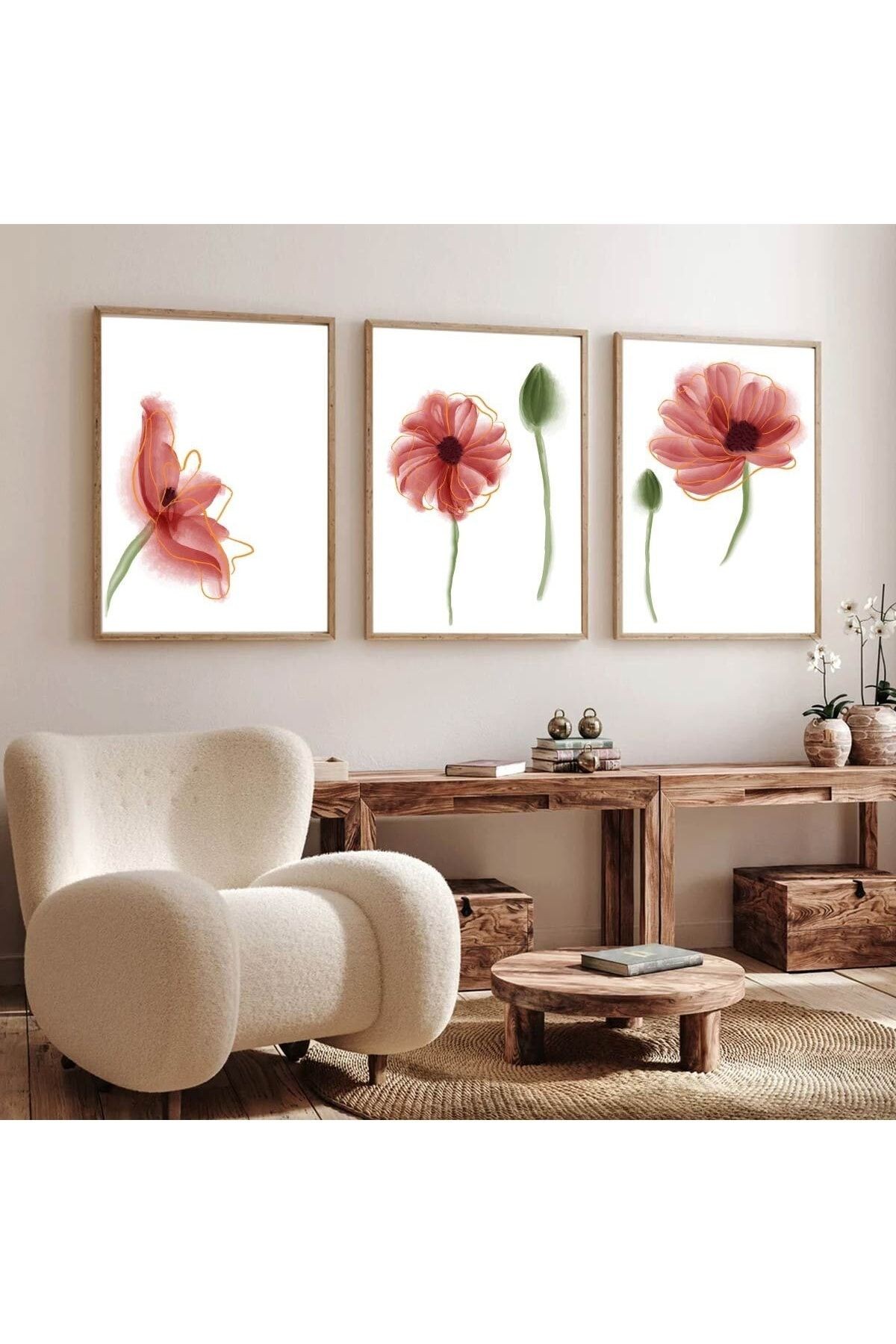 Ahşap Çerçeveli Minimalist 3lü Dekoratif Tablo Seti
