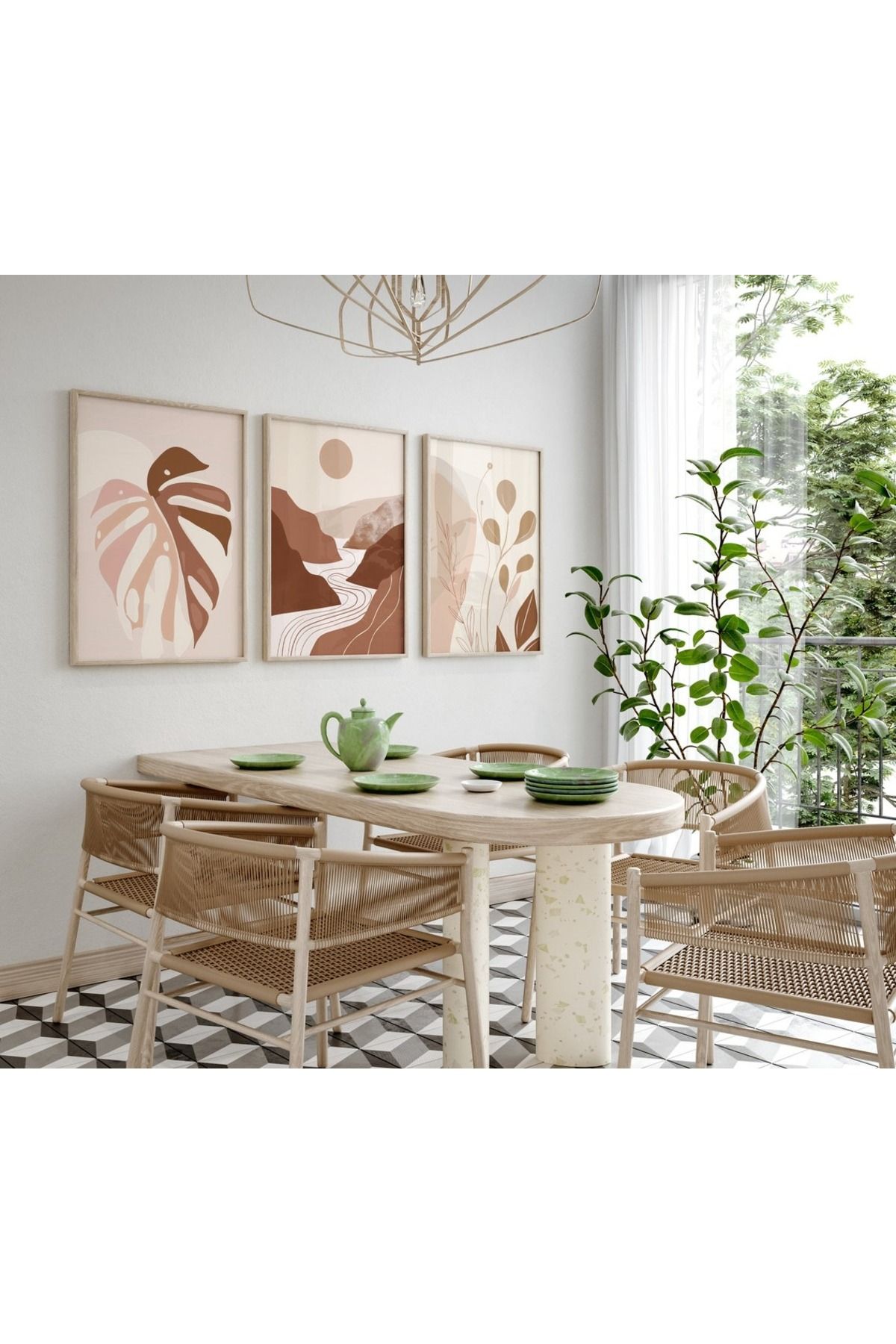 3 Parça Ahşap Çerçeveli Oturma Odası Salon Mutfak Tablo Seti Set3123