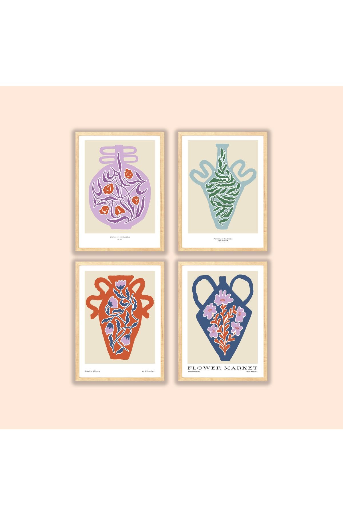 Ahşap Çerçeveli Dekoratif 4lüTablo Seti Botanical Flower Four