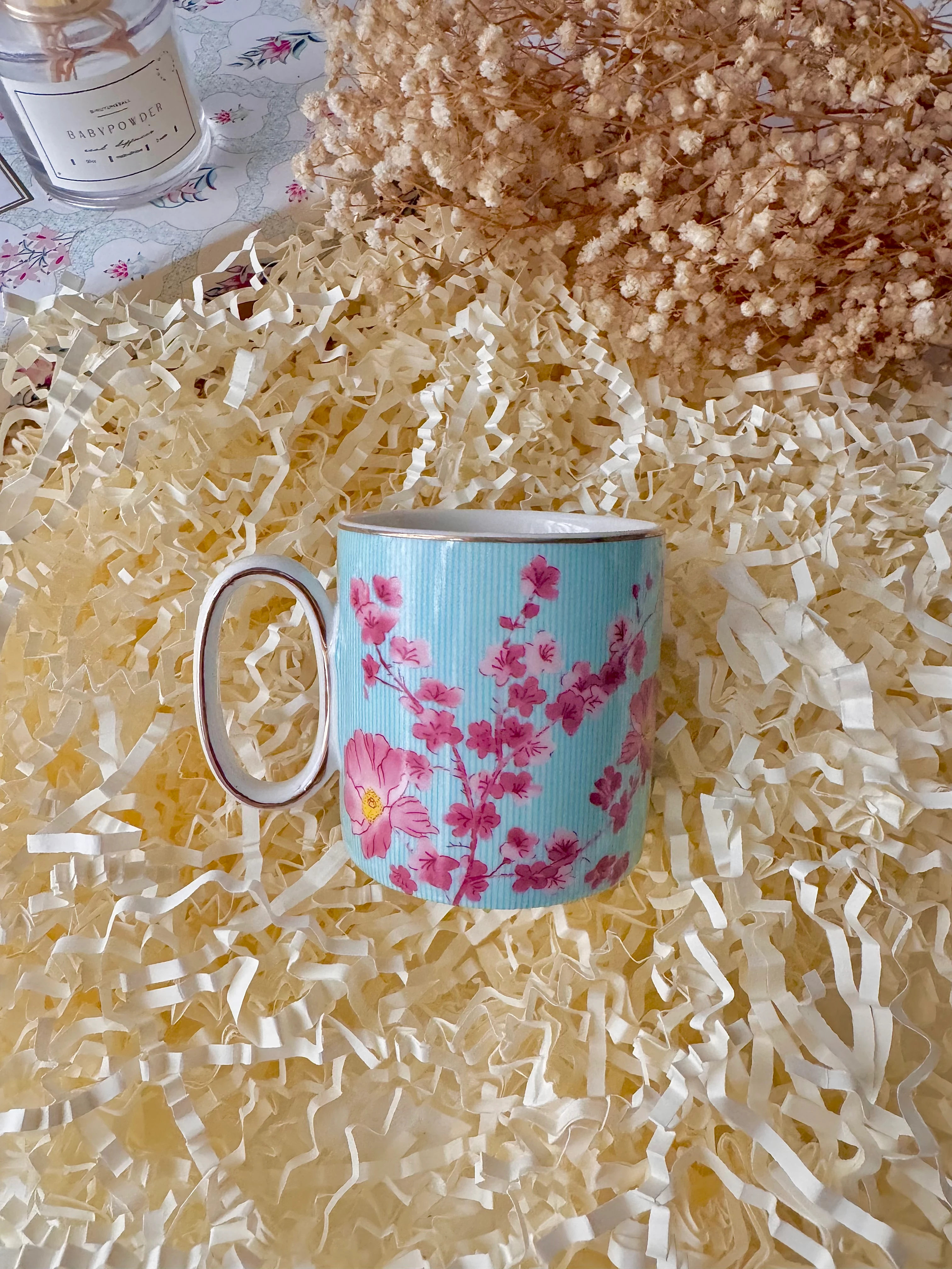 Porselen Çiçekli Kupa Açık mavi