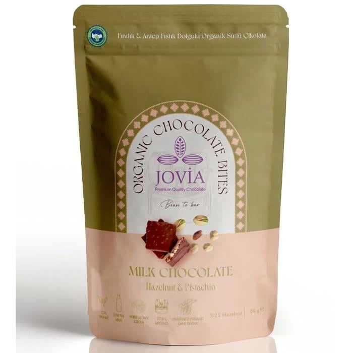 Jovia Fındık ve Antep Fıstık Dolgulu Organik Sütlü Çikolata 85g