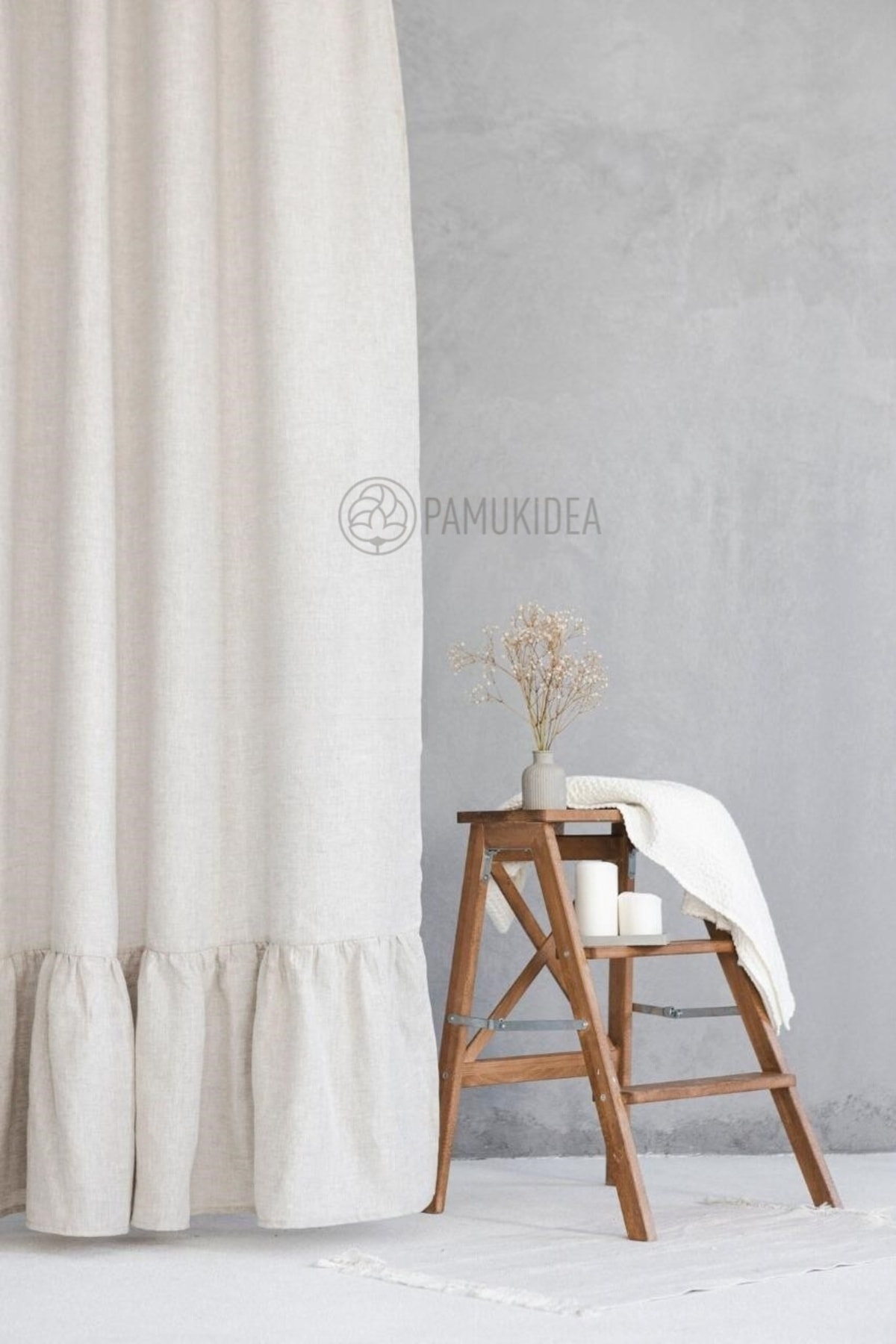 %100 Pamuklu Fırfırlı Vintage Sade Düz Keten Dokuma Buldan Perdesi - Pilesiz Güneşlik