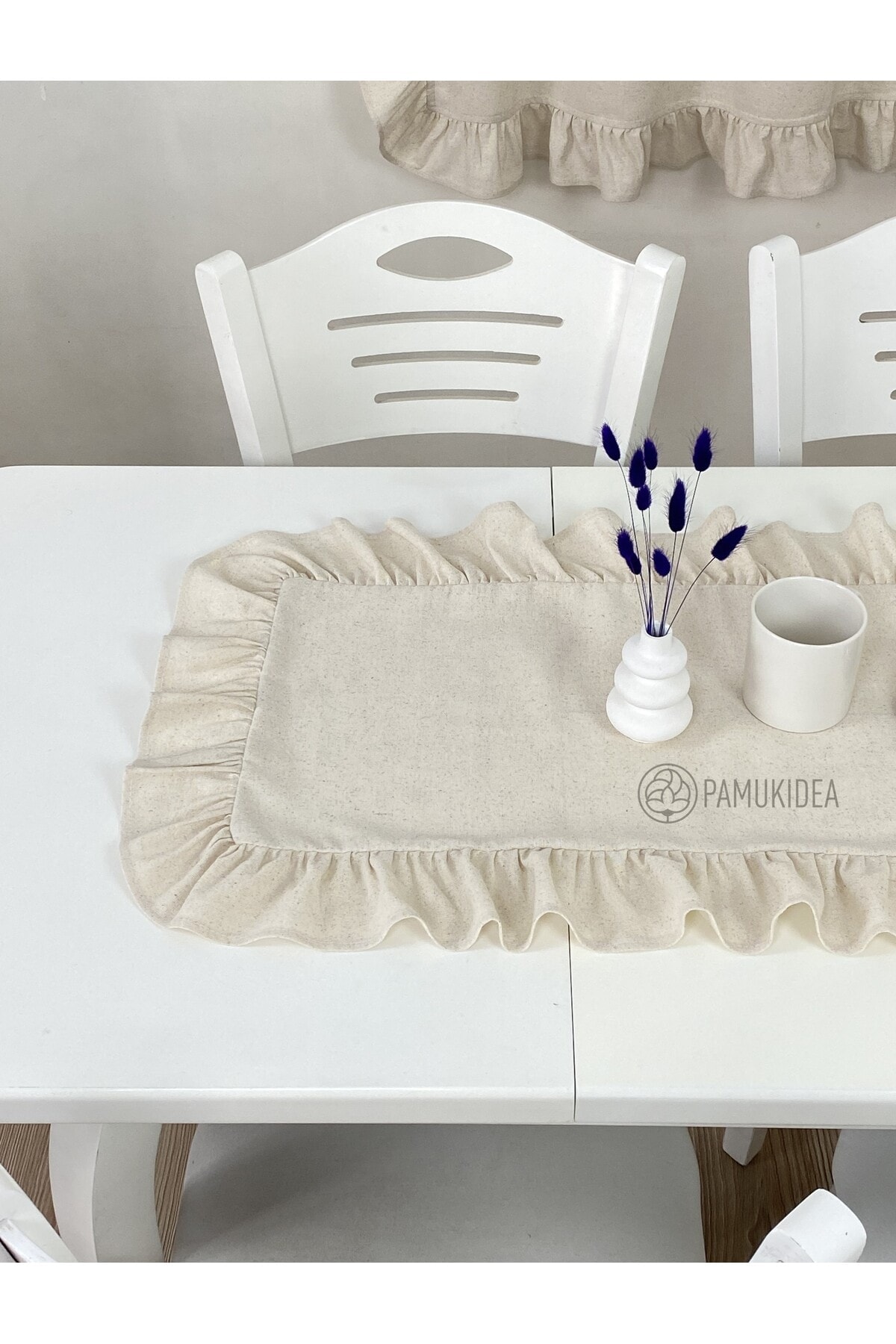 40x100 cm | Yıkanmış Buldan Keten Dokuma Fırfırlı %100 Pamuklu Runner, Sehpa - Masa Üstü Örtüsü