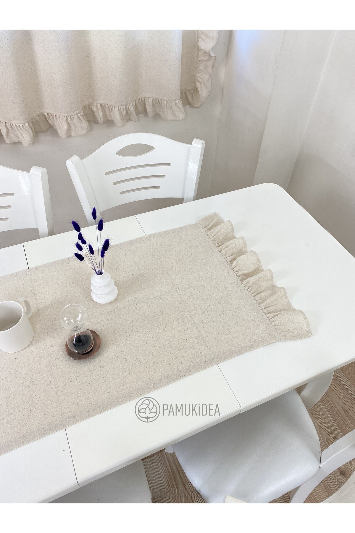 45x145 cm | Yıkanmış Buldan Keten Dokuma Fırfırlı %100 Pamuklu Runner, Sehpa - Masa Üstü Örtüsü