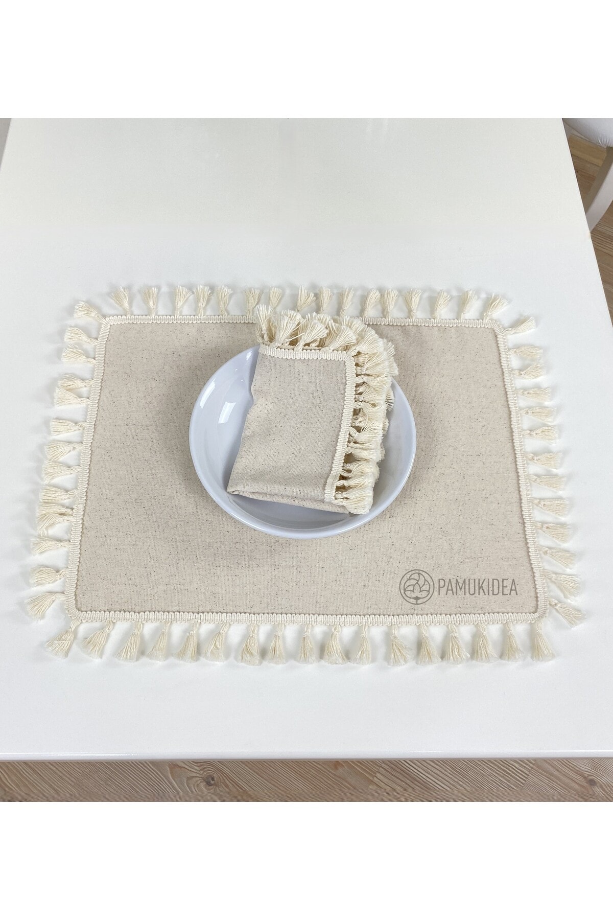 2 Adet | 35x45 cm Krem Ponponlu - Püsküllü Amerikan Servis, Buldan Keten Dokuma %100 Pamuklu Peçete