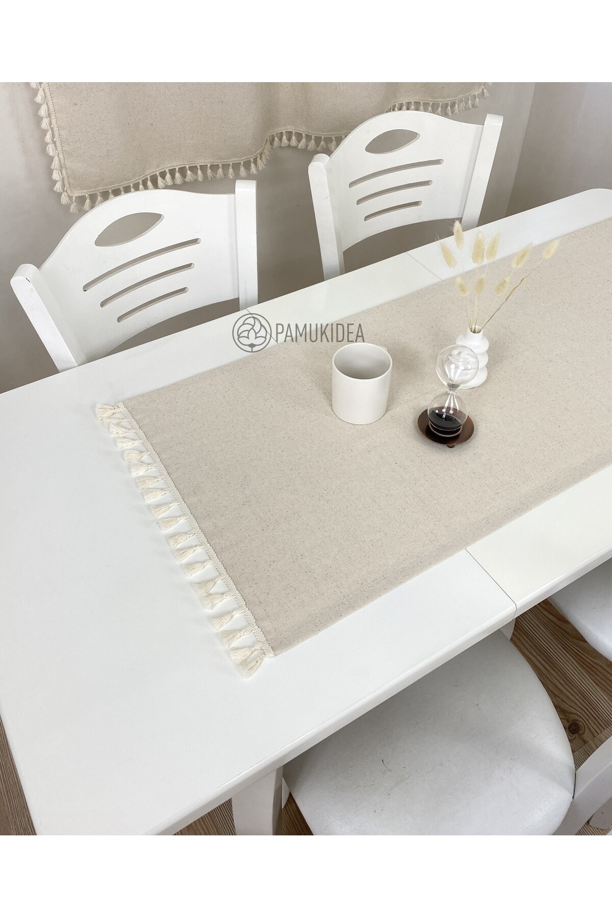 45x145 cm | Yıkanmış Buldan Keten Krem Püsküllü - Ponponlu %100 Pamuklu Runner, Sehpa - Masa Örtüsü