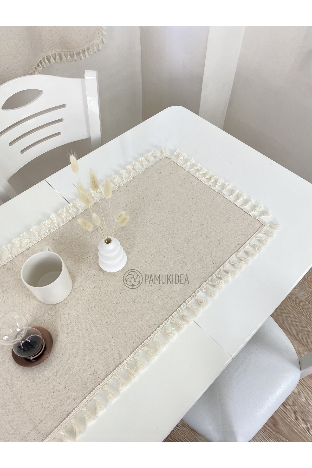 40x100 cm | Yıkanmış Buldan Keten Krem Püsküllü - Ponponlu %100 Pamuklu Runner, Sehpa - Masa Örtüsü