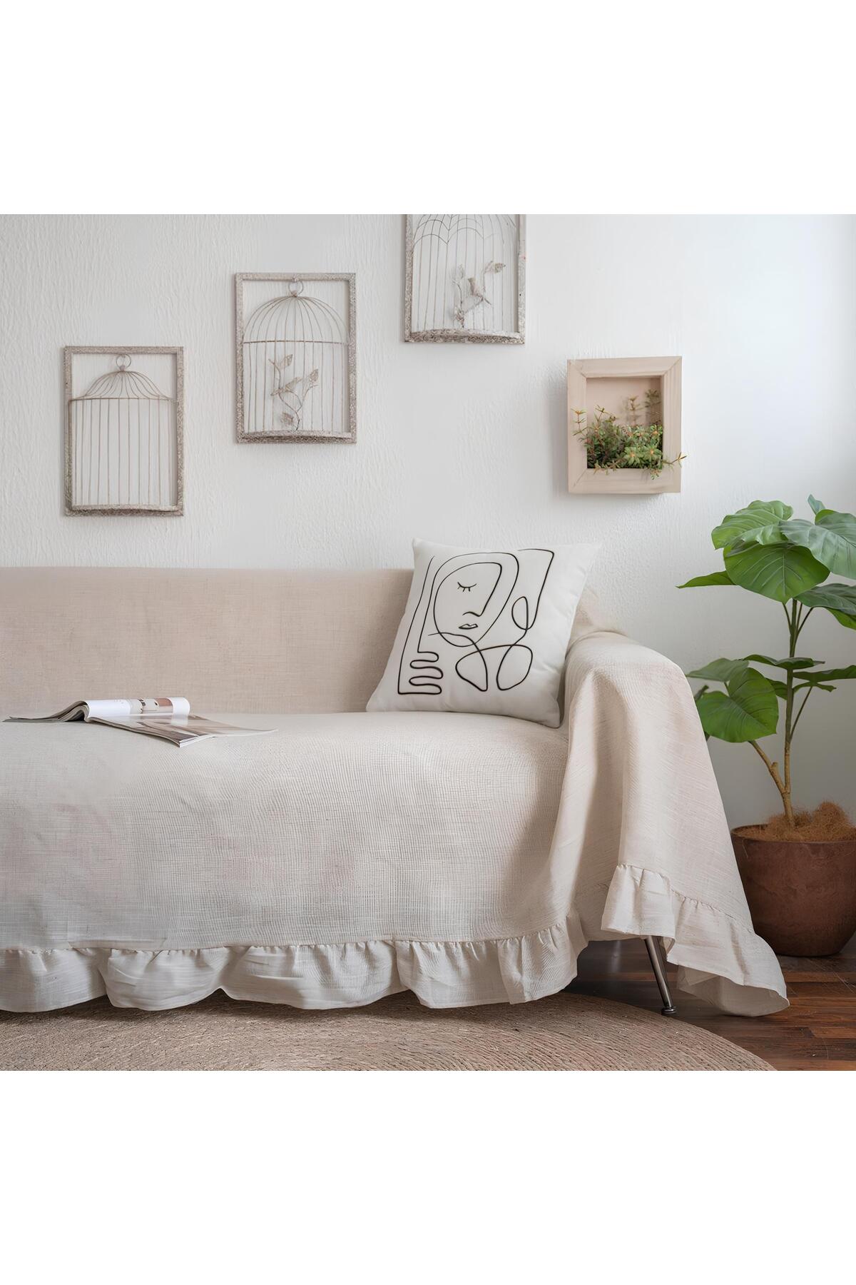 220x180 Cm Fırfırlı Pamuklu Buldan Keten Çekyat - Koltuk Örtüsü