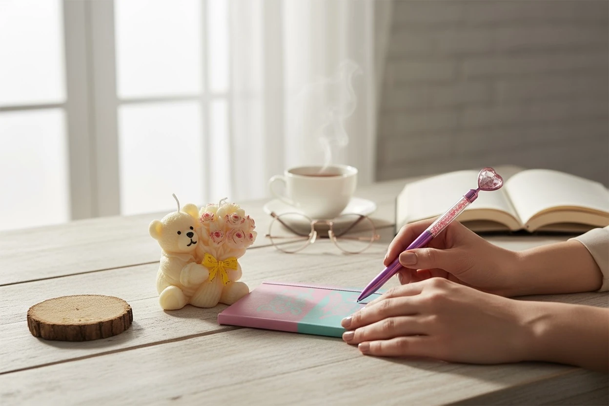 Ayıcık Kokulu Mum Defter Kalem ve Kişiye Özel Harfli Ahşap Bardak Altlığı Hediye Seti