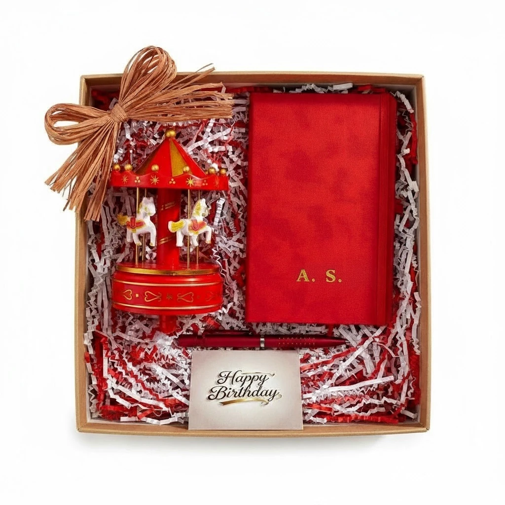 Müzik Kutusu Atlı Karınca İsminizin Baş Harflarine Özel Defter ve Kırmızı Kalem Hediye Seti 