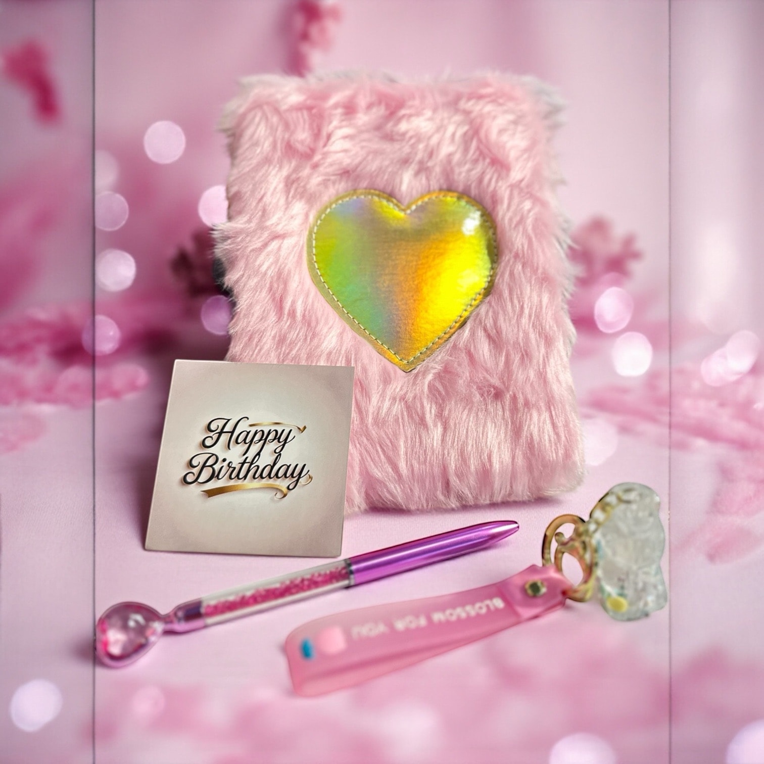 Peluş Pembe Defter Unicorn Sulu Anahtarlık Diamond Kalpli Kalem Hediye Seti
