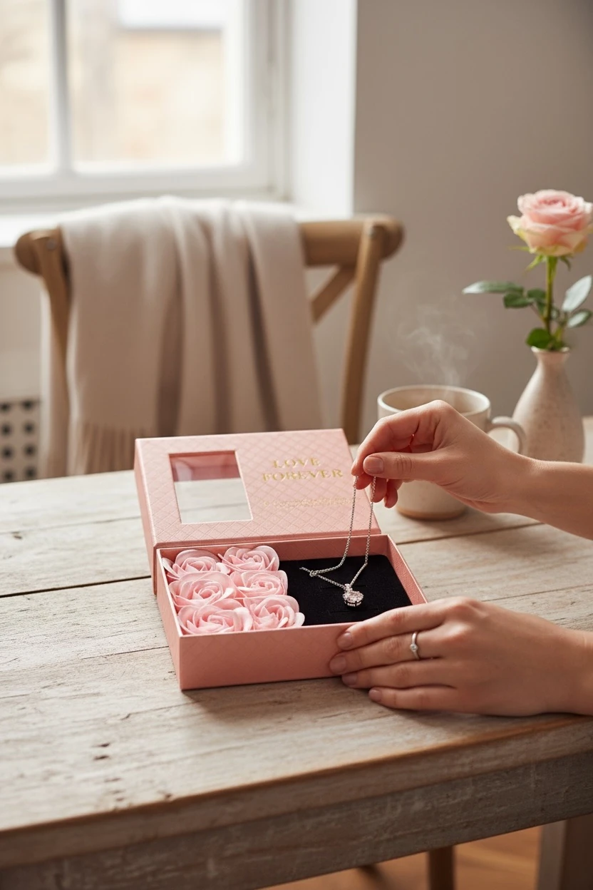 Solmayan Gül Hediye Kutusunda Tek Taş 925 Ayar Gümüş Kolye 