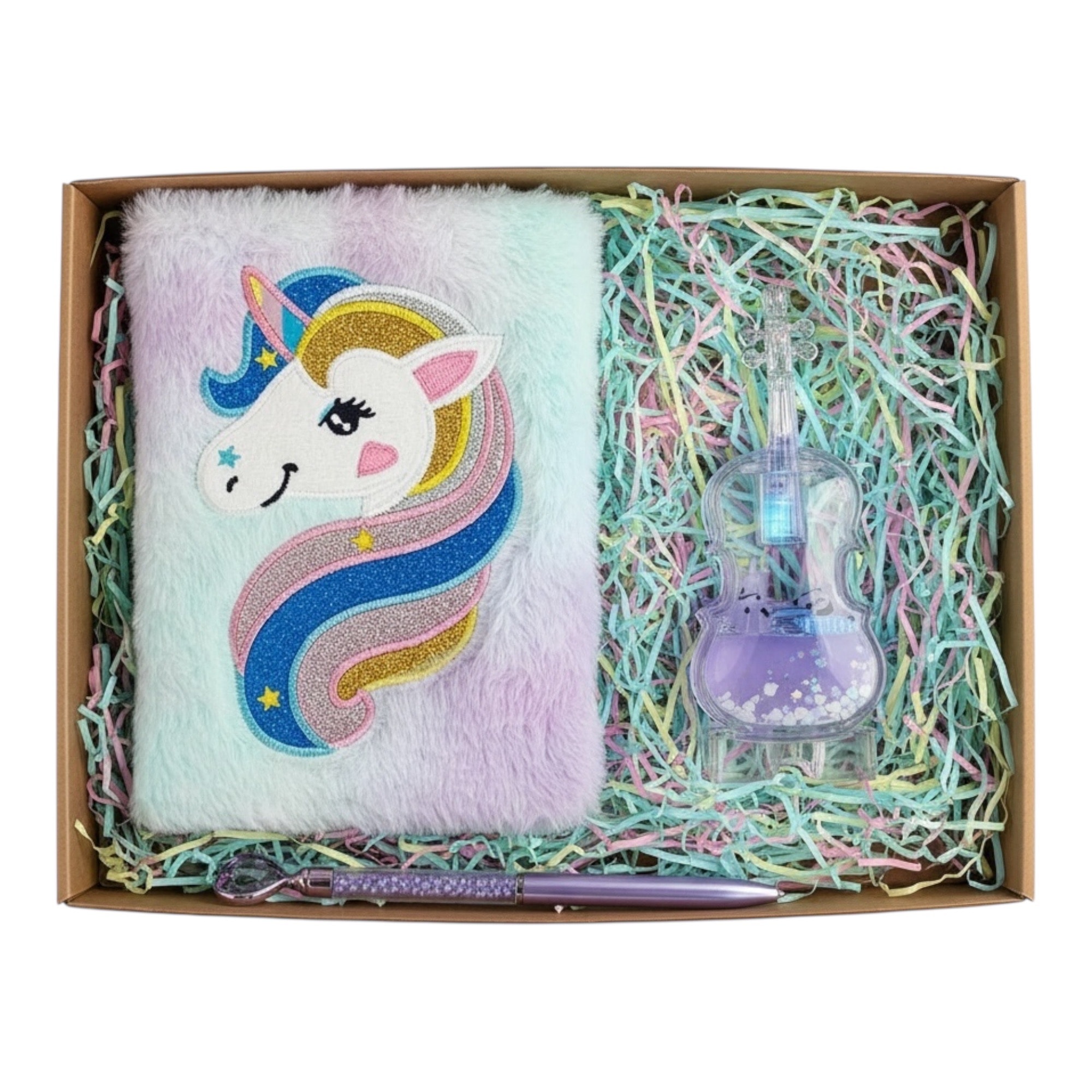 Peluş Unicorn Defter Işıklı Pandalı Lila Su Küresi Kalpli Diamond Kalem Hediye Seti 