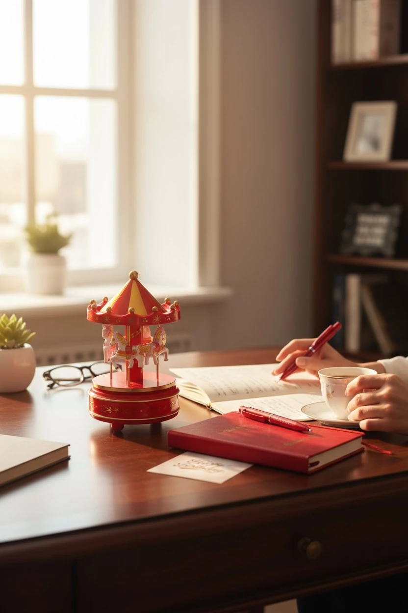 Müzik Kutusu Atlı Karınca İsminizin Baş Harflarine Özel Defter ve Kırmızı Kalem Hediye Seti 