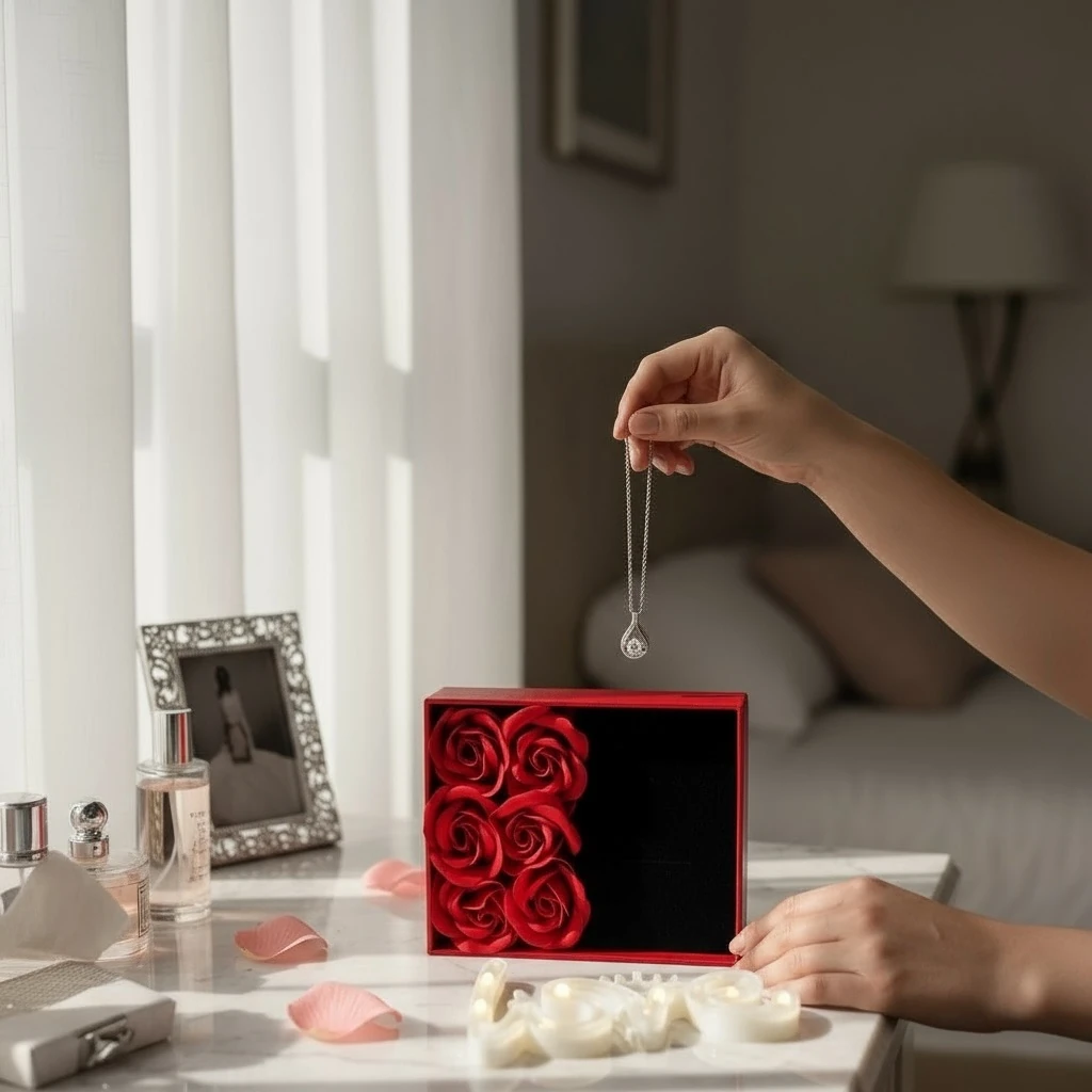 Solmayan Gul Hediye Kutusu İle 925 Ayar Tektaş Şık Gümüş Kolye 