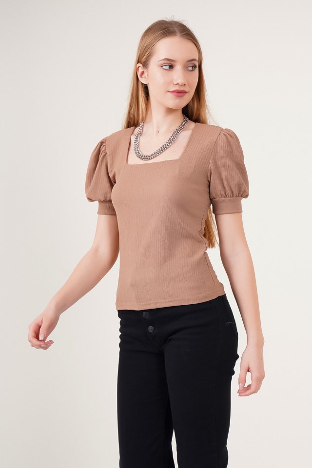 0409 Kare Yaka Örme Bluz - B.Kahverengi