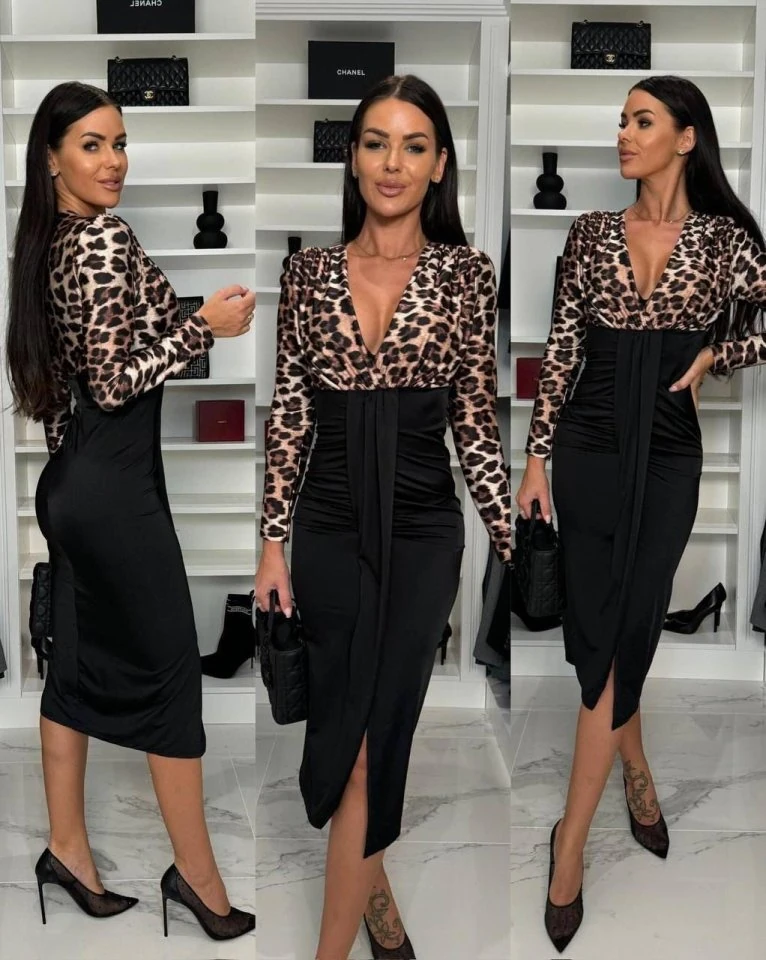 Kadın Dijital Baskılı Full Likralı Kristal örme Kumaş Drape Detaylı Yırtmaç Dekolteli Midi Boy Elbise