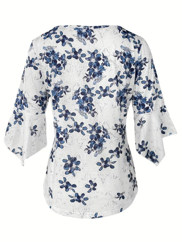 Kadın Fakir Kollu Fırfırlı V Yakalı çiçek Desenli Ithal Keten Bluz
