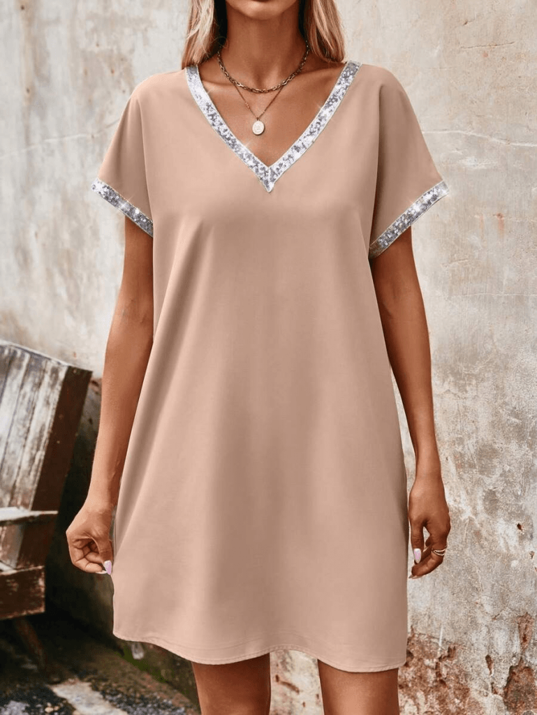 Kadın Yaka Ve Kol Pul Payet şeritli Ithal Krep Elbise