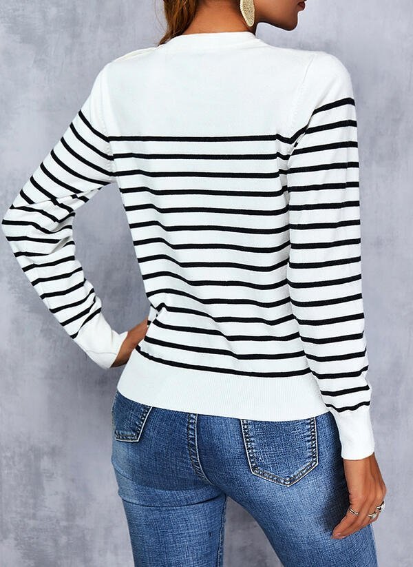Kadın Uzun Kollu Omuzu Düğme Detay çizgili Triko Kazak