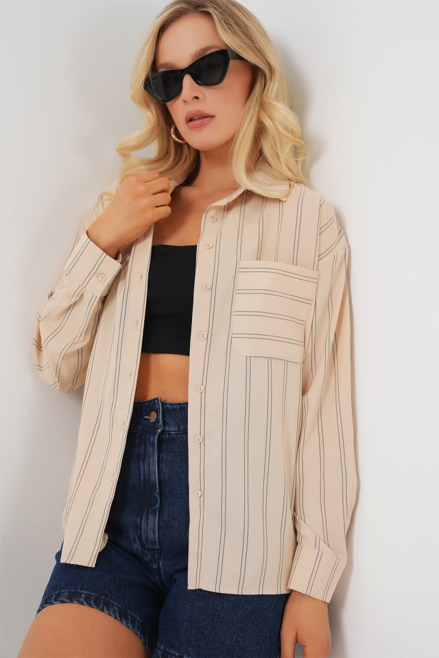 20143 Cepli Oversize Gömlek - Krem