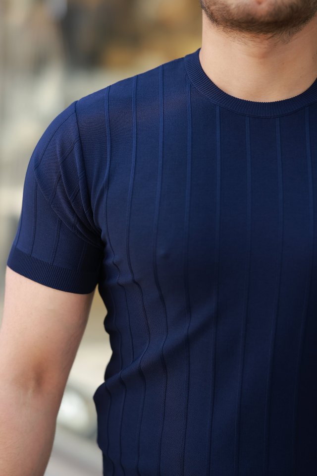 Erkek Kısa Kollu Bisiklet Yaka çizgili Triko Tişört