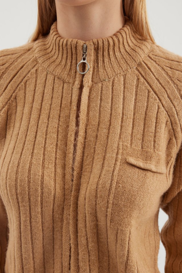 15880 Fermuarlı Triko Hırka - Bisküvi