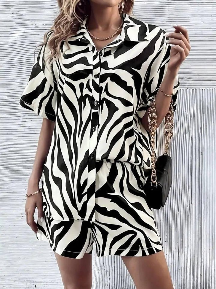 Kadın Zebra Desenli Pamuk-Polyester Kumaş İkili Takım