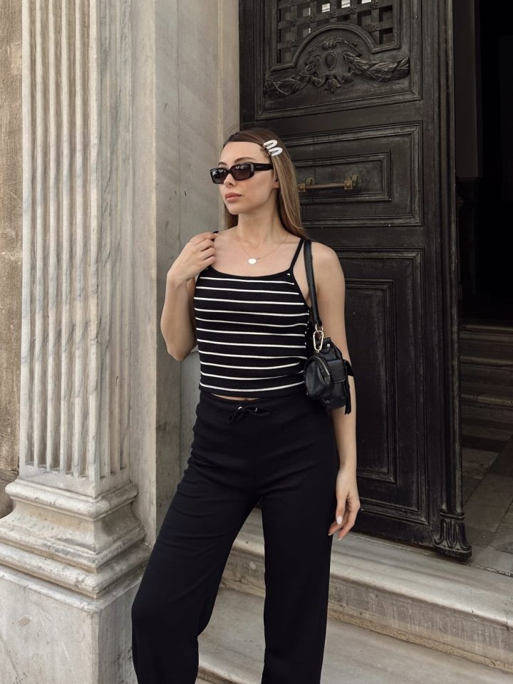 Kadın Kaşkorse Kumaş Askılı çizgili Takım