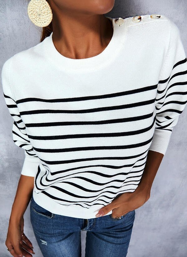 Kadın Uzun Kollu Omuzu Düğme Detay çizgili Triko Kazak