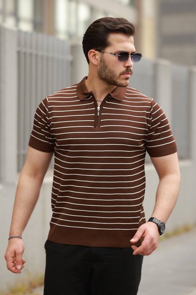 Erkek Fermuar Yakalı çizgili Kısa Kollu T-shirt