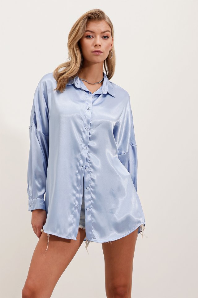 3985 Oversize Saten Gömlek - Mavi