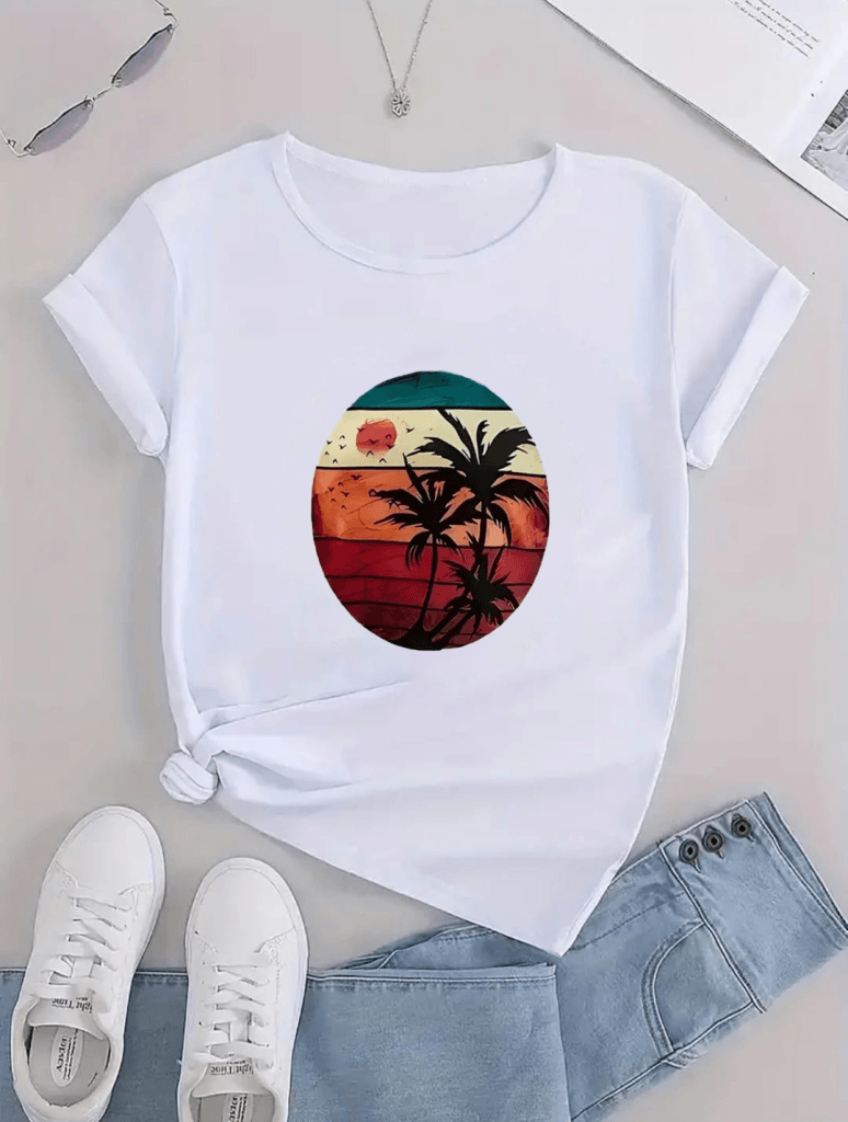 Kadın Kısa Kollu Palmiye Baskılı Viskon T-shirt