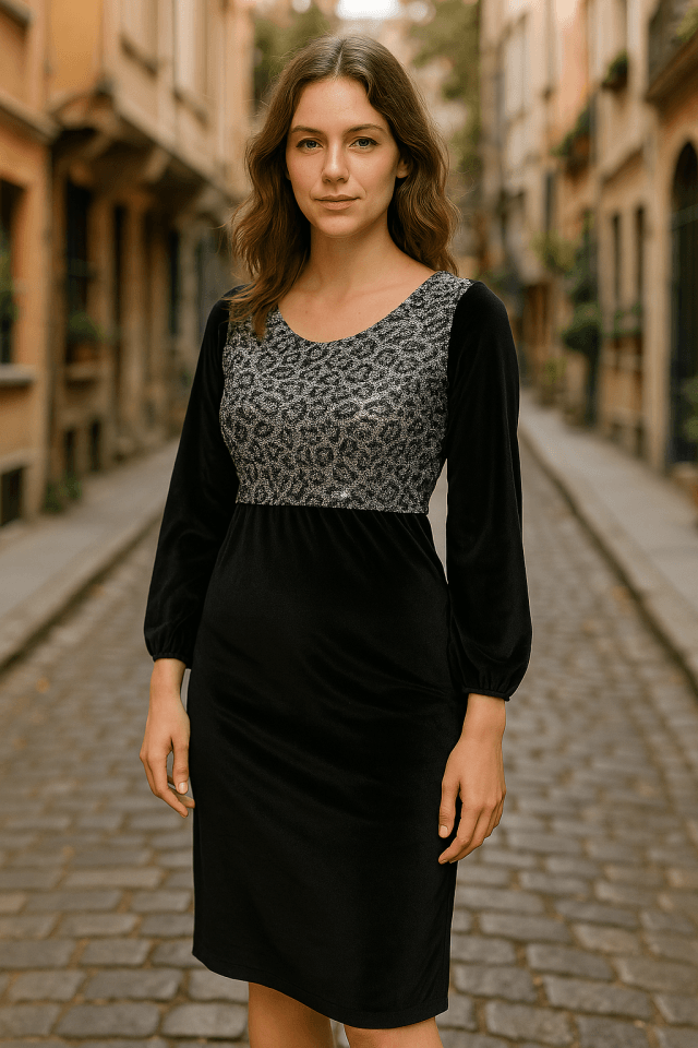 Kadın Fırsat ürünü Leopar Desen Pul Payet Işlemeli Midi Boy Kadife Kumaş Elbise