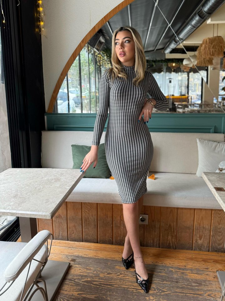 Kadın Kazayağı Desen Süet Kumaş Fırsat ürün Midi Boy Elbise