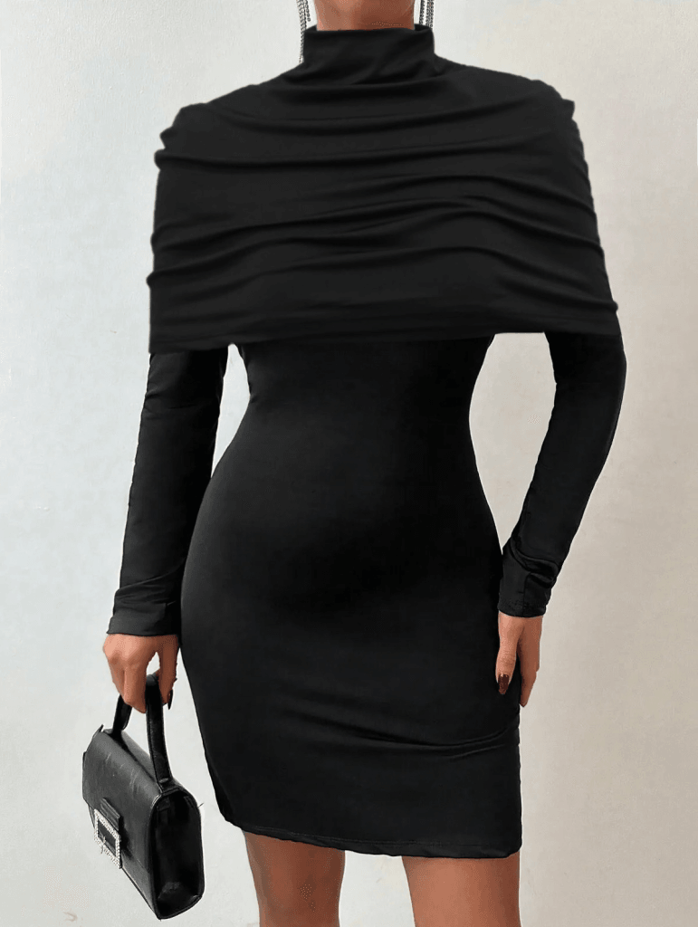 Kadın Uzun Kollu Balıkçı Yaka Omuz Katlamalı Dalgıç Kısa Elbise