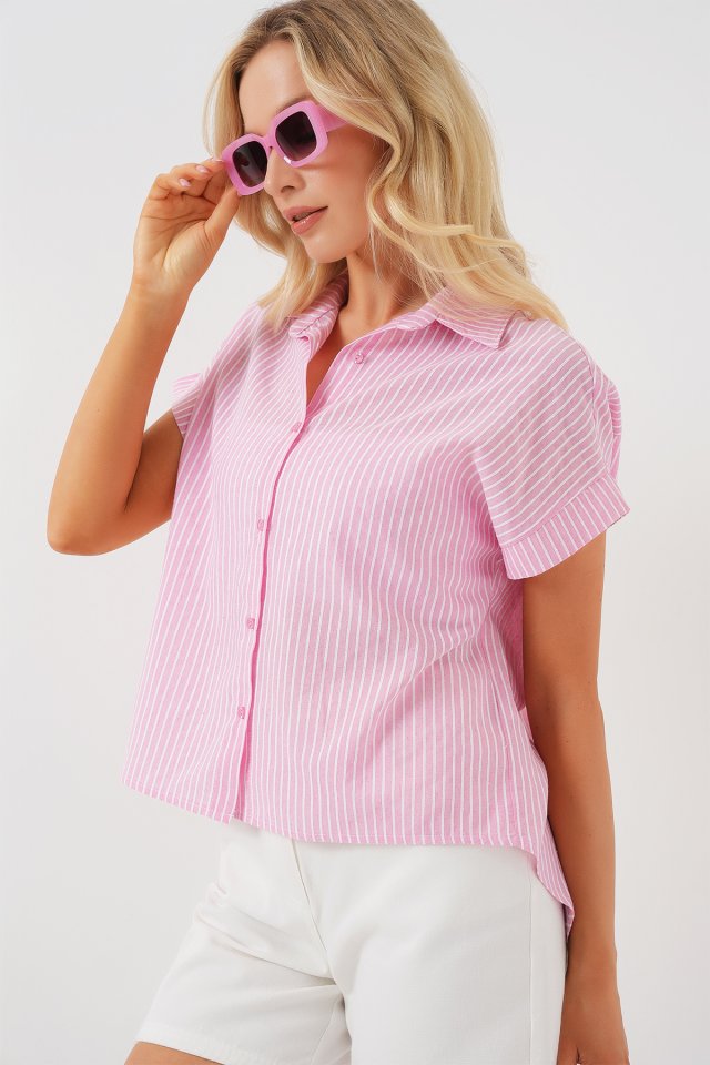 Çizgili Kısa Kol Gömlek 20324 - Pembe