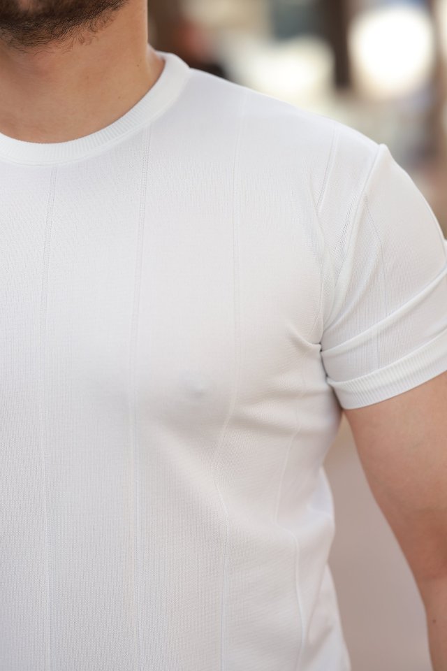 Erkek Ince çizgi Dokulu Bisiklet Yaka Kısa Kollu T-shirt