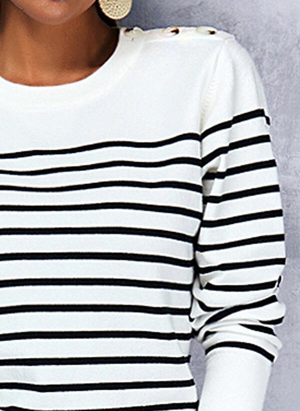 Kadın Uzun Kollu Omuzu Düğme Detay çizgili Triko Kazak