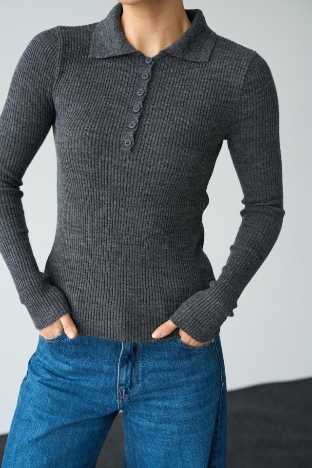 Polo Yaka 6 Düğmeli Kazak - Antrasit