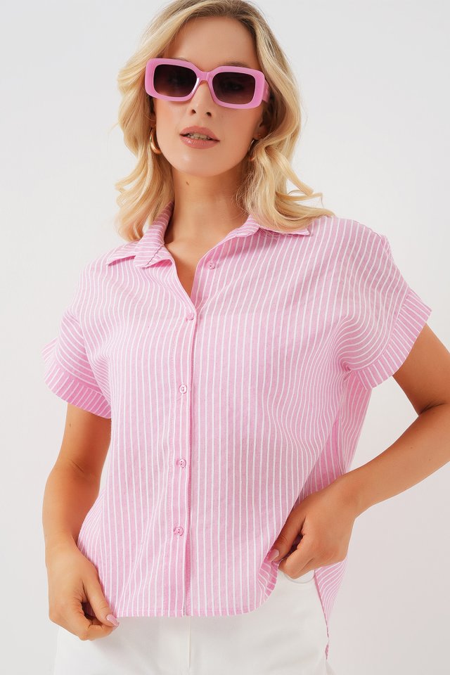 Çizgili Kısa Kol Gömlek 20324 - Pembe