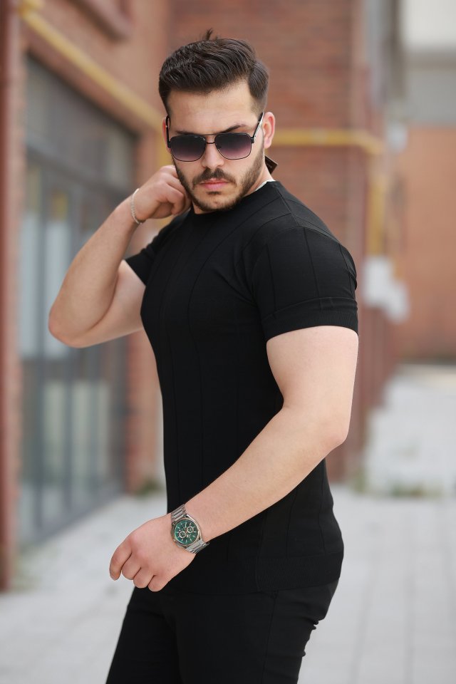 Erkek Ince çizgi Dokulu Bisiklet Yaka Kısa Kollu T-shirt